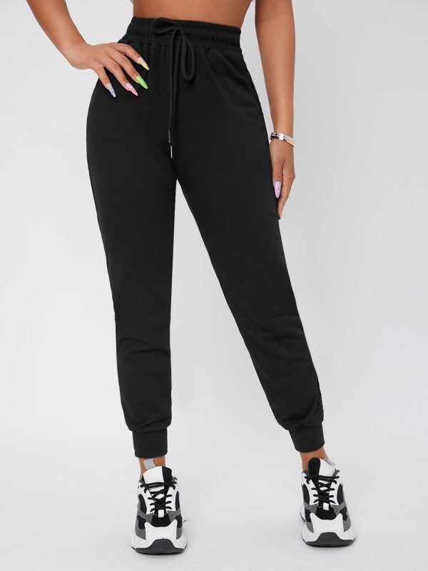 Solid Drawstring Waist Black Sweatpants