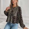 Casual Leopard Print Button Up Tie Waist Ruffle Hem Shirt For Women, Autumn/Winter