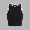 2pcs/Set Women Sleeveless Round Neck Top And Drawstring Two-Tone Flounced Hem Pants