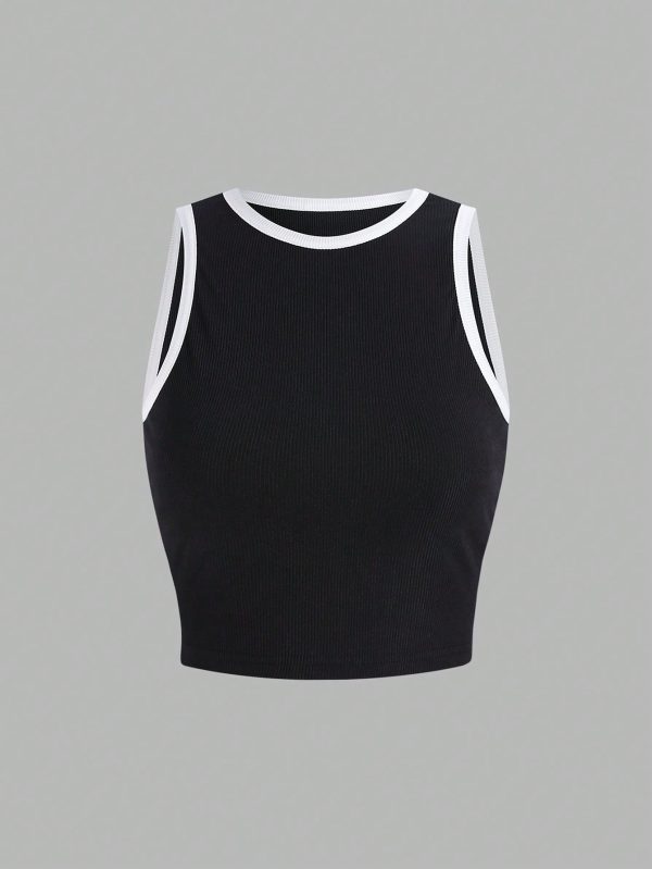 2pcs/Set Women Sleeveless Round Neck Top And Drawstring Two-Tone Flounced Hem Pants