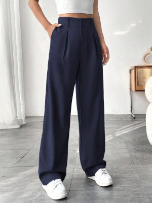 Women's Solid Color Pocket Elegant Straight Leg Office Pants