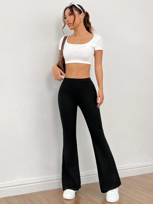 Solid Elastic Waist Flare Leg Leggings