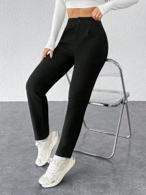 Solid Plicated Detail Black Pants