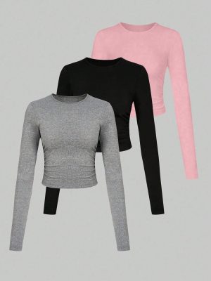 2pcs/Set  Basics Tee With Ruched Sides, Versatile Undershirts