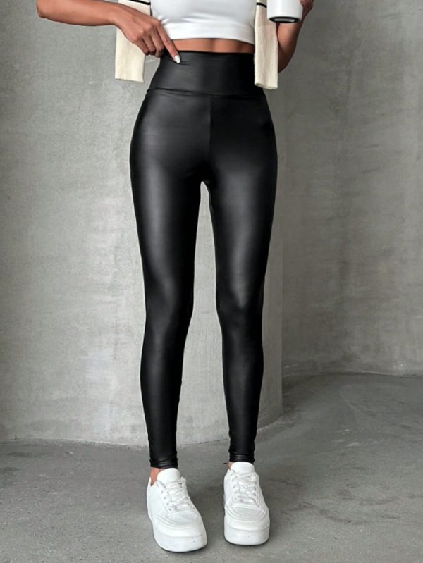 Solid PU High Waist Black Leggings