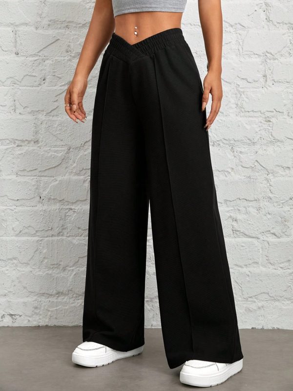 Women's Solid Color Waist Wrap Black Wide Leg Pants