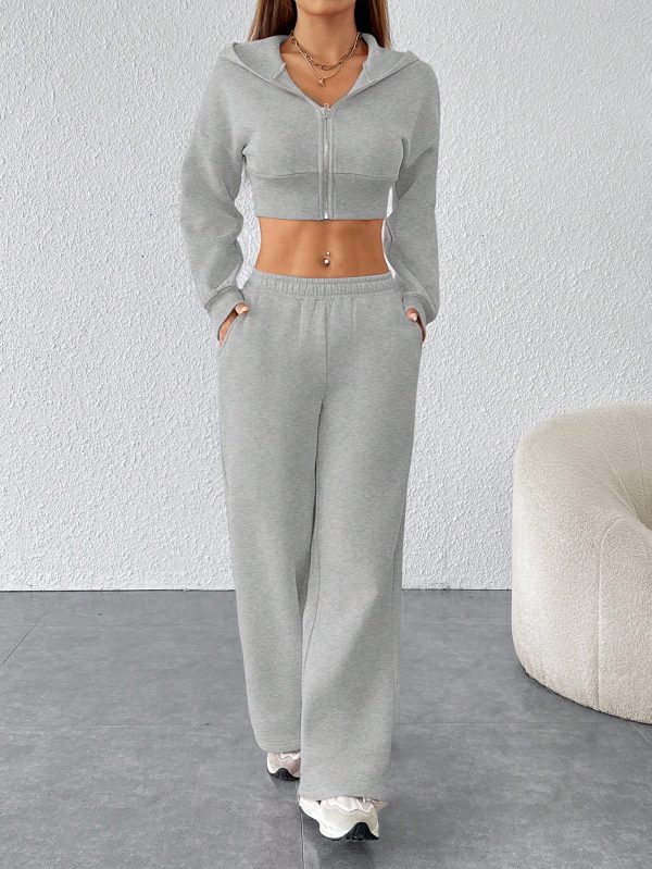 Women's FashionableZip Front Hooded Sweatshirt And Pants Two Piece Set