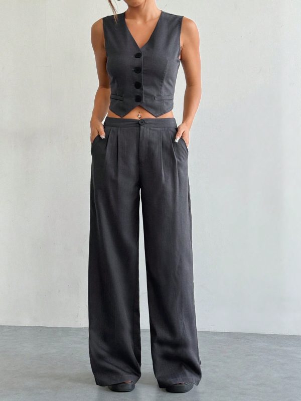 2pcs Women's Casual Solid Color Single-Breasted V-Neck Vest And Pleated Pants Set, Summer
