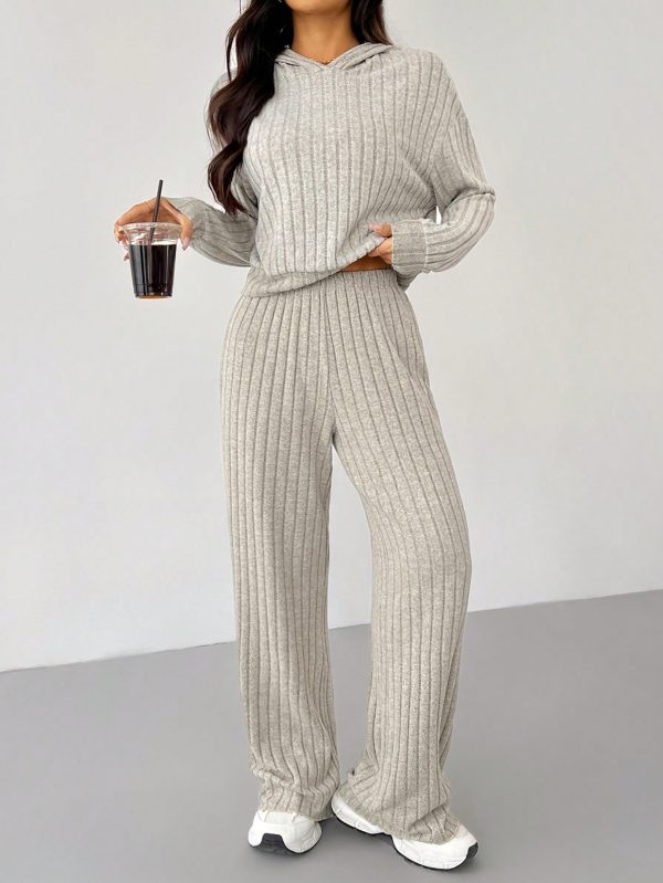 Knit Drop Shoulder Drawstring Hoodie & Pants, Fall Two Piece Outfit