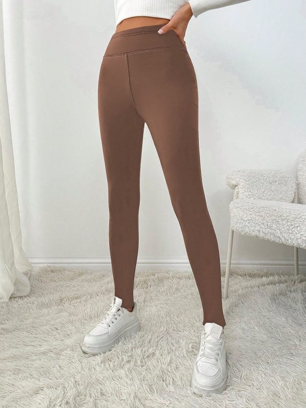 Women Solid Color High Waist Thermal Lined Casual Leggings, Versatile For Autumn/Winter