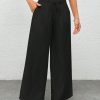 Women's Black Woven Wide-Legged Pants With Waist Tie, Casual