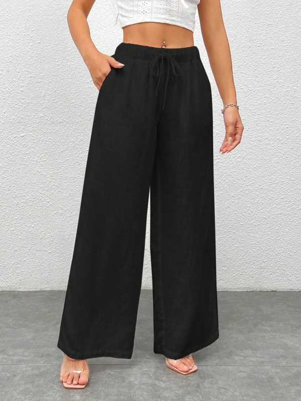 Women's Black Woven Wide-Legged Pants With Waist Tie, Casual