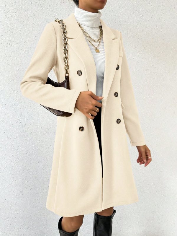 Women's Solid Color Notched Collar Long Sleeve Double-Breasted Casual Overcoat, Autumn/Winter