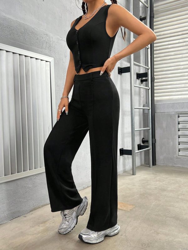 Women'S Solid Colored Vest And Long Pants Set