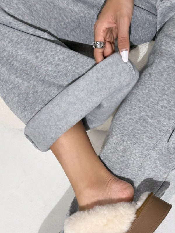 Women's Gray Knit Thick Fleece Lined Ankle Length Casual Utility Baggy Sweatpants