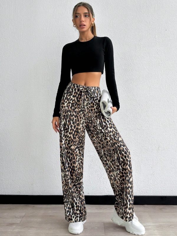 Low Elastic Waistband Pants With Leopard Design
