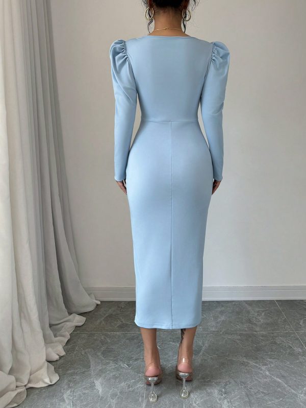 Square Neck Puff Sleeve, Front Ruched, Waist Cinched Elegant Lady Dress