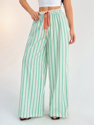 Casual Woven Striped Mid-Rise Loose Wide-Leg Women's Trousers