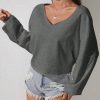 Women's Solid V-Neck Batwing Sleeve Casual Loose Sweatshirt, Autumn/Winter