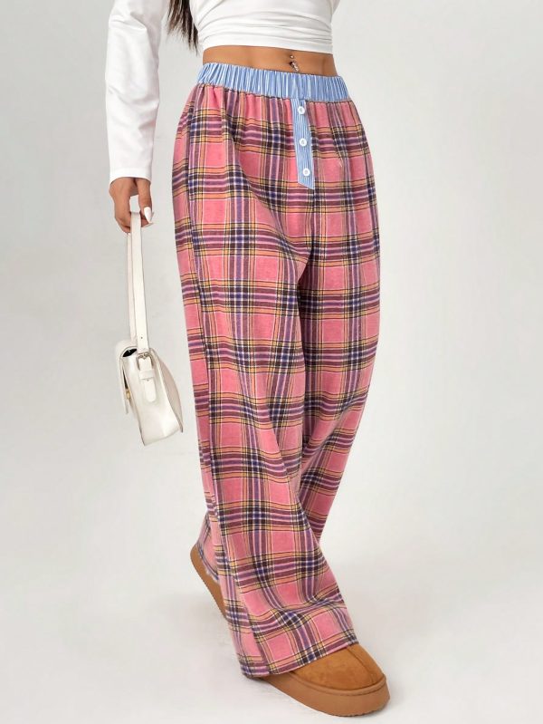 Color-Block Plaid Printed Button Accented Casual Loose Pants