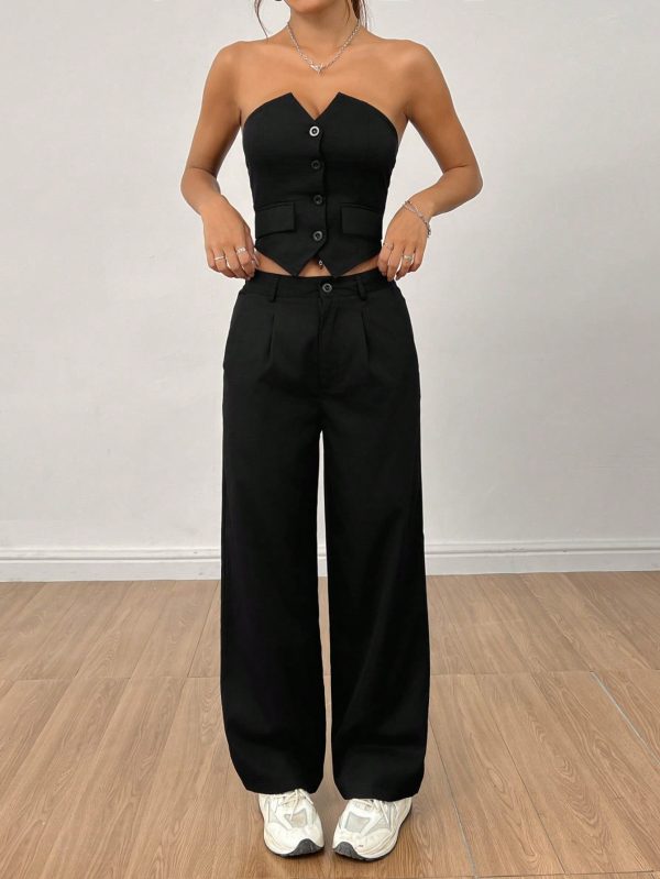 Ladies' Plain Strapless Top With Single-Breasted Button And Pants Two Piece Set