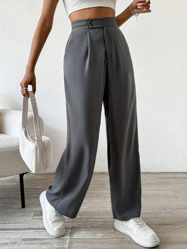 Women Plain Front Button Closure Minimalist Casual Pants, Daily Wear