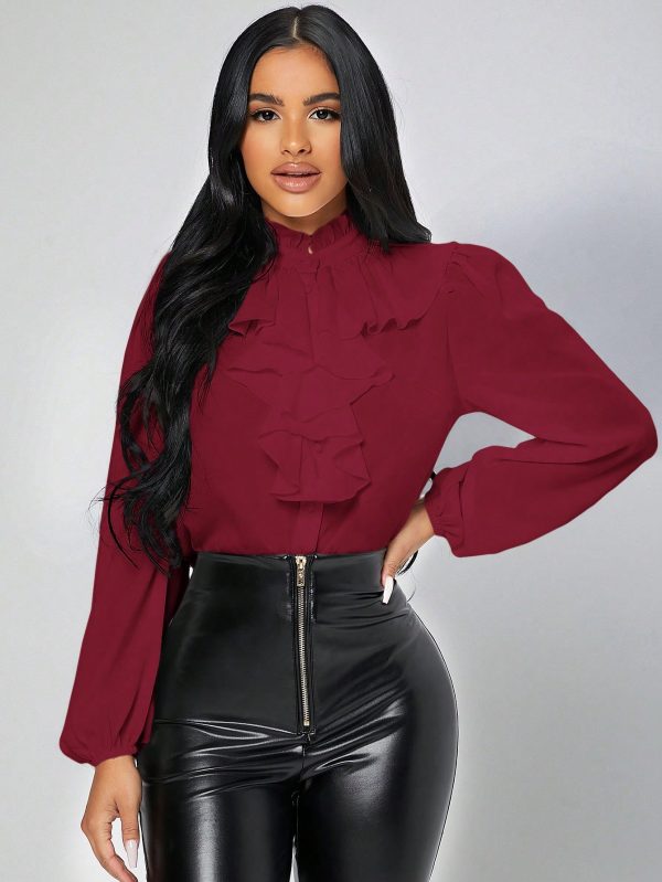 Women's Woven Solid Color Ruffle Hem Long Sleeve Blouse