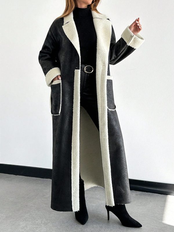 Women's Dual Pocket Belted Teddy Lined PU Leather Coat