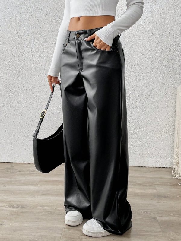 Women High-Quality Slimming Loose Straight Leg PU Leather Pants