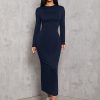 Solid Color Pleated Waist Black Long Sleeve Dress