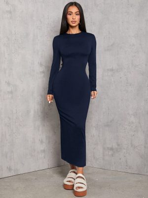 Solid Color Pleated Waist Black Long Sleeve Dress