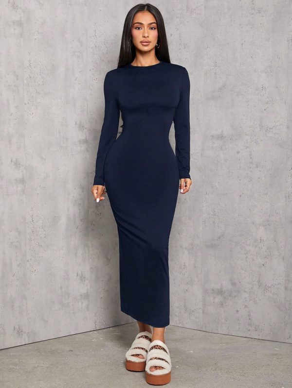 Solid Color Pleated Waist Black Long Sleeve Dress