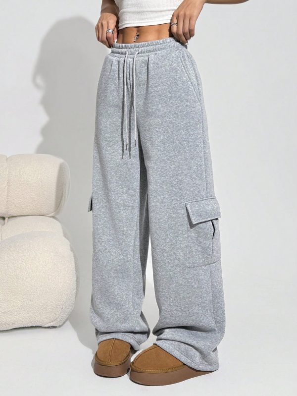 Women's Gray Knit Thick Fleece Lined Ankle Length Casual Utility Baggy Sweatpants