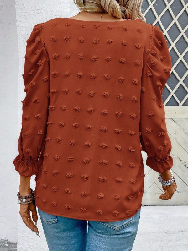 Women's Casual Solid Color Cutout Puff Sleeve Blouse For Autumn