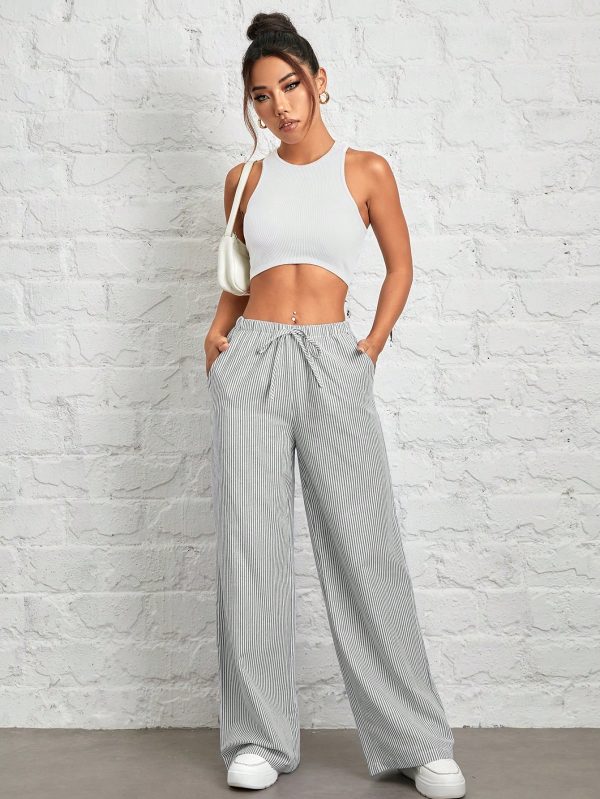 Women's Casual High Waist Gray Vertical Striped Wide Leg Pants