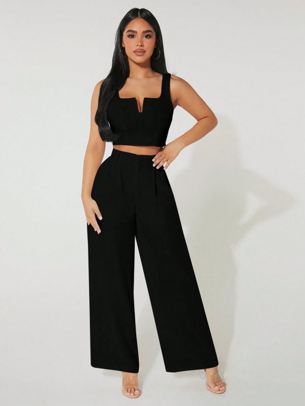 Women's Notch Neck Cropped Vest And Wide Leg Pants 2pcs/Set For Summer