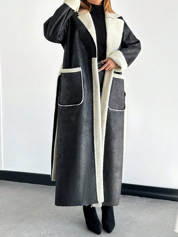 Women's Dual Pocket Belted Teddy Lined PU Leather Coat