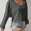 Women's Solid V-Neck Batwing Sleeve Casual Loose Sweatshirt, Autumn/Winter