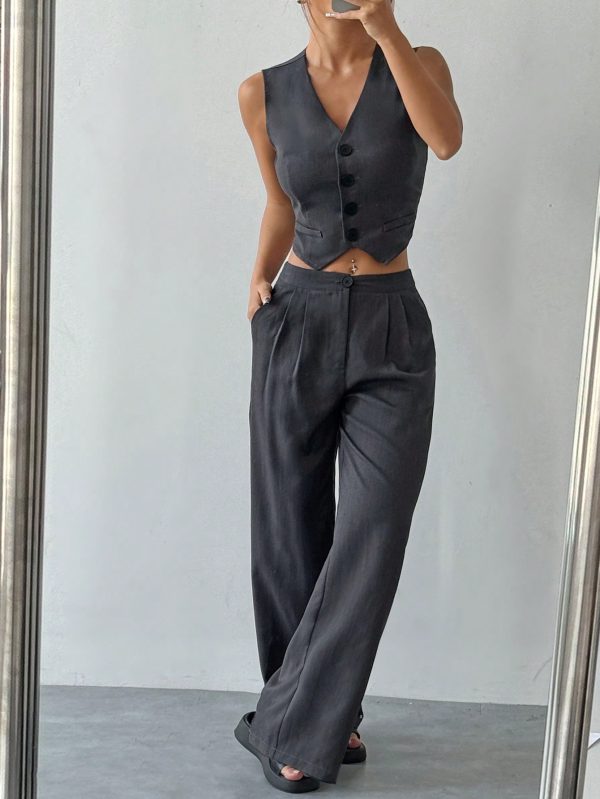 2pcs Women's Casual Solid Color Single-Breasted V-Neck Vest And Pleated Pants Set, Summer