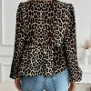 Casual Leopard Print Button Up Tie Waist Ruffle Hem Shirt For Women, Autumn/Winter