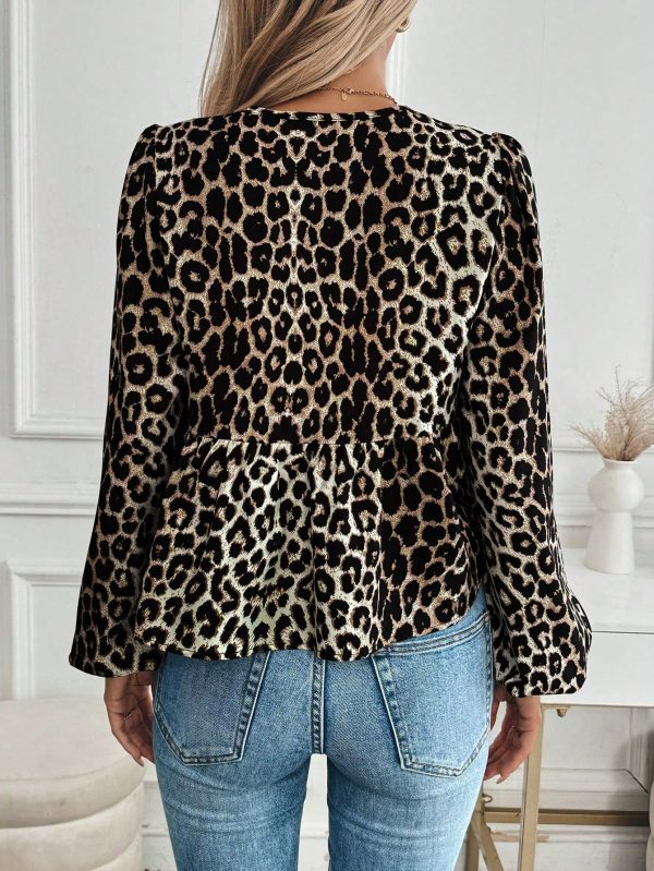 Casual Leopard Print Button Up Tie Waist Ruffle Hem Shirt For Women, Autumn/Winter