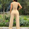 Women's Solid Color Front Button Vest & Straight Pants Two Piece Set
