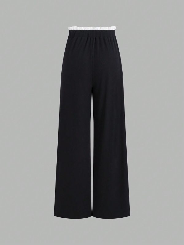 2pcs/Set Women Sleeveless Round Neck Top And Drawstring Two-Tone Flounced Hem Pants