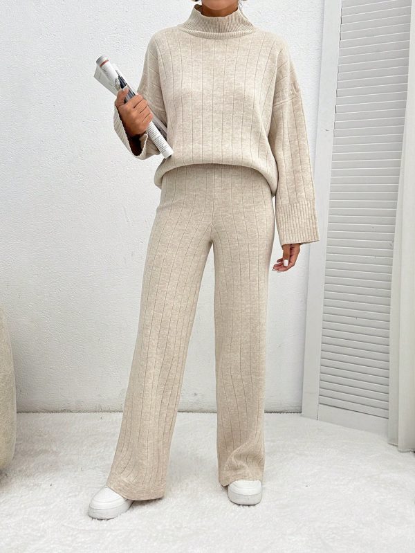 Solid Color Long-Sleeved Sweater And Knitted Trousers Two-Piece Set