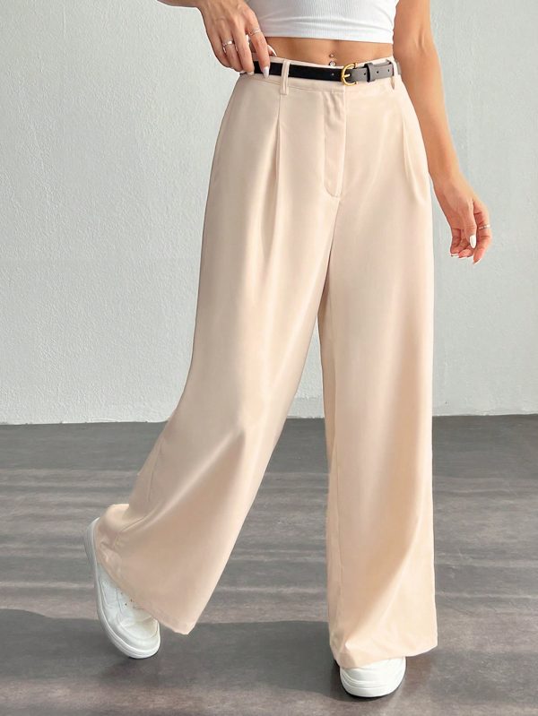 Women's Pleated High Waist Belted Wide Leg Casual & Commuting Pants In Beige