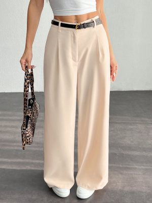 Women's Pleated High Waist Belted Wide Leg Casual & Commuting Pants In Beige