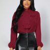 Women's Woven Solid Color Ruffle Hem Long Sleeve Blouse