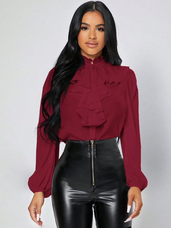 Women's Woven Solid Color Ruffle Hem Long Sleeve Blouse