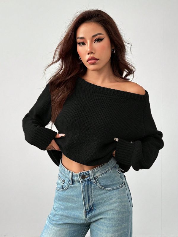 Women's Solid Color Oblique Shoulder Long Sleeve Casual Top