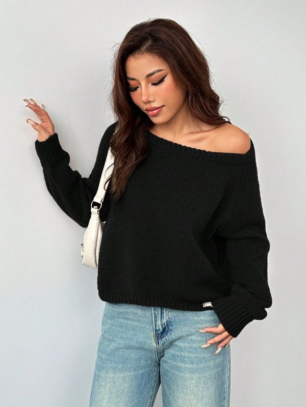 Women's Solid Color Oblique Shoulder Long Sleeve Casual Top